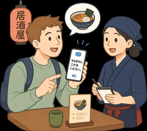 A traveler showing a translated Japanese ordering phrase on a phone to restaurant staff