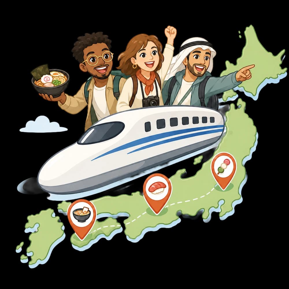 International travelers planning a food trip across Japan by shinkansen