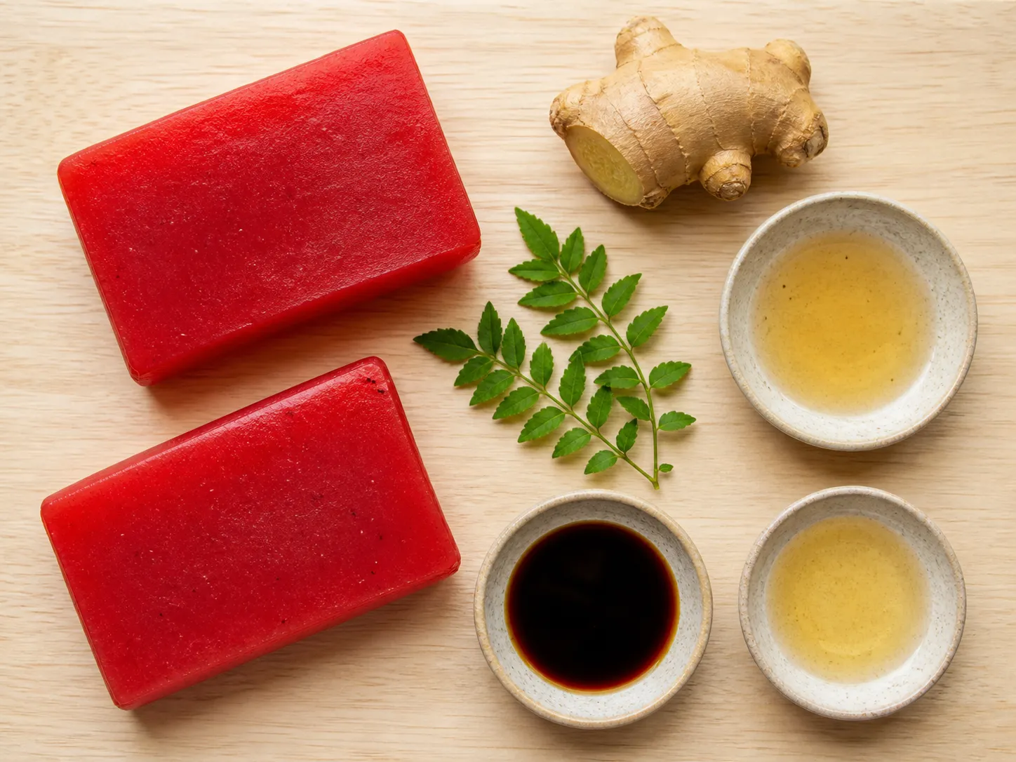 Flat lay of red konjac ingredients: blocks of vivid red konjac, ginger, kinome leaves, dashi, soy and mirin