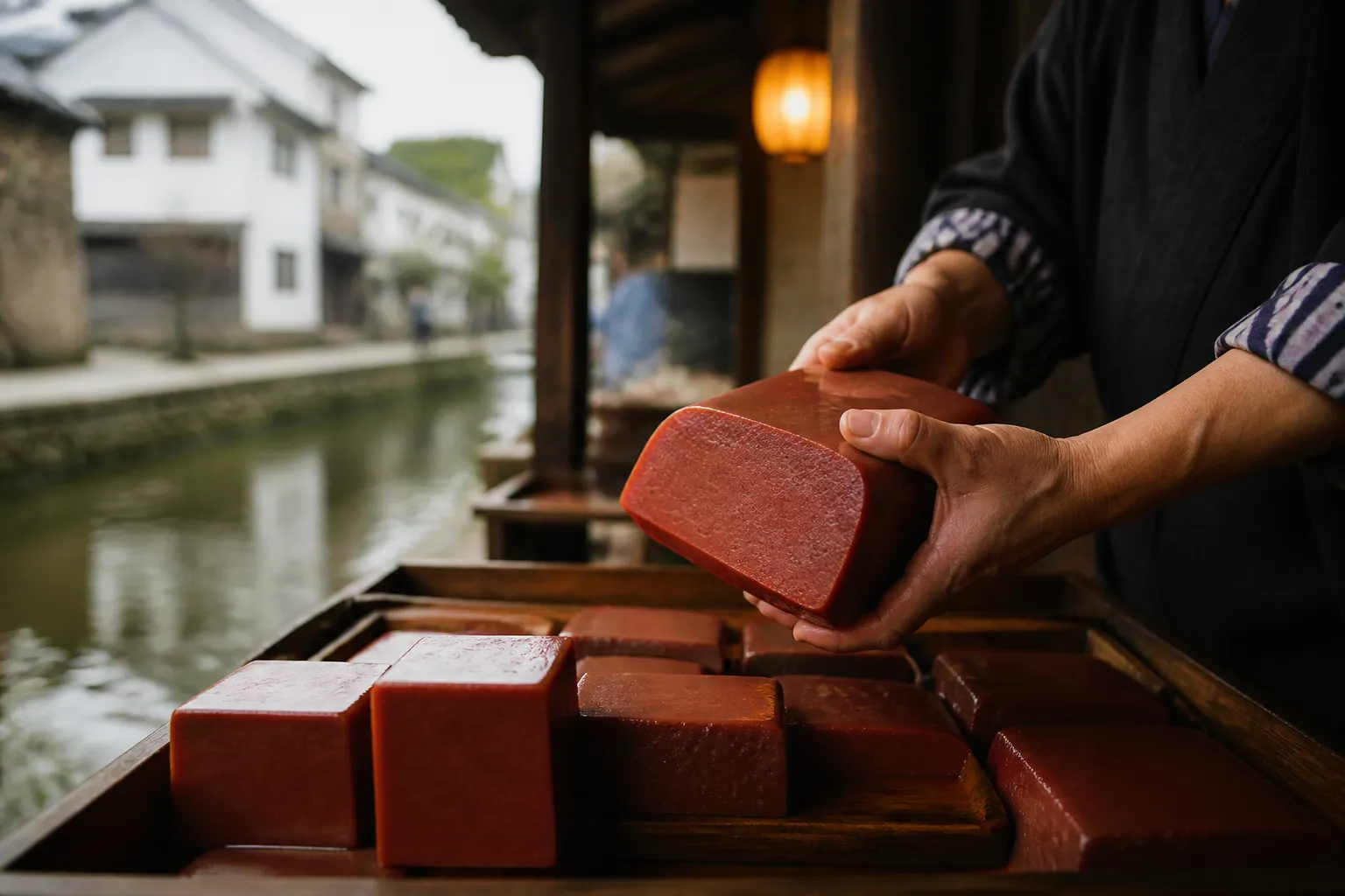 Red konjac sold from a wooden tray at an old shop in the canal district of Omihachiman, Shiga