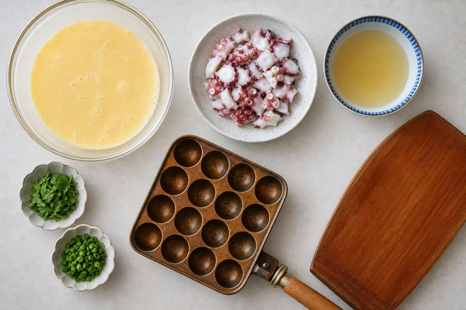 Egg-rich batter, octopus pieces, a dimpled pan and a bowl of dashi laid out to make akashiyaki