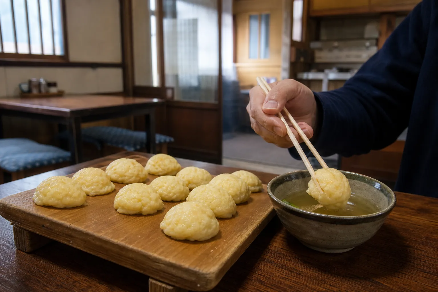 A wooden board of pale soft akashiyaki beside a bowl of dashi at a small Akashi shop