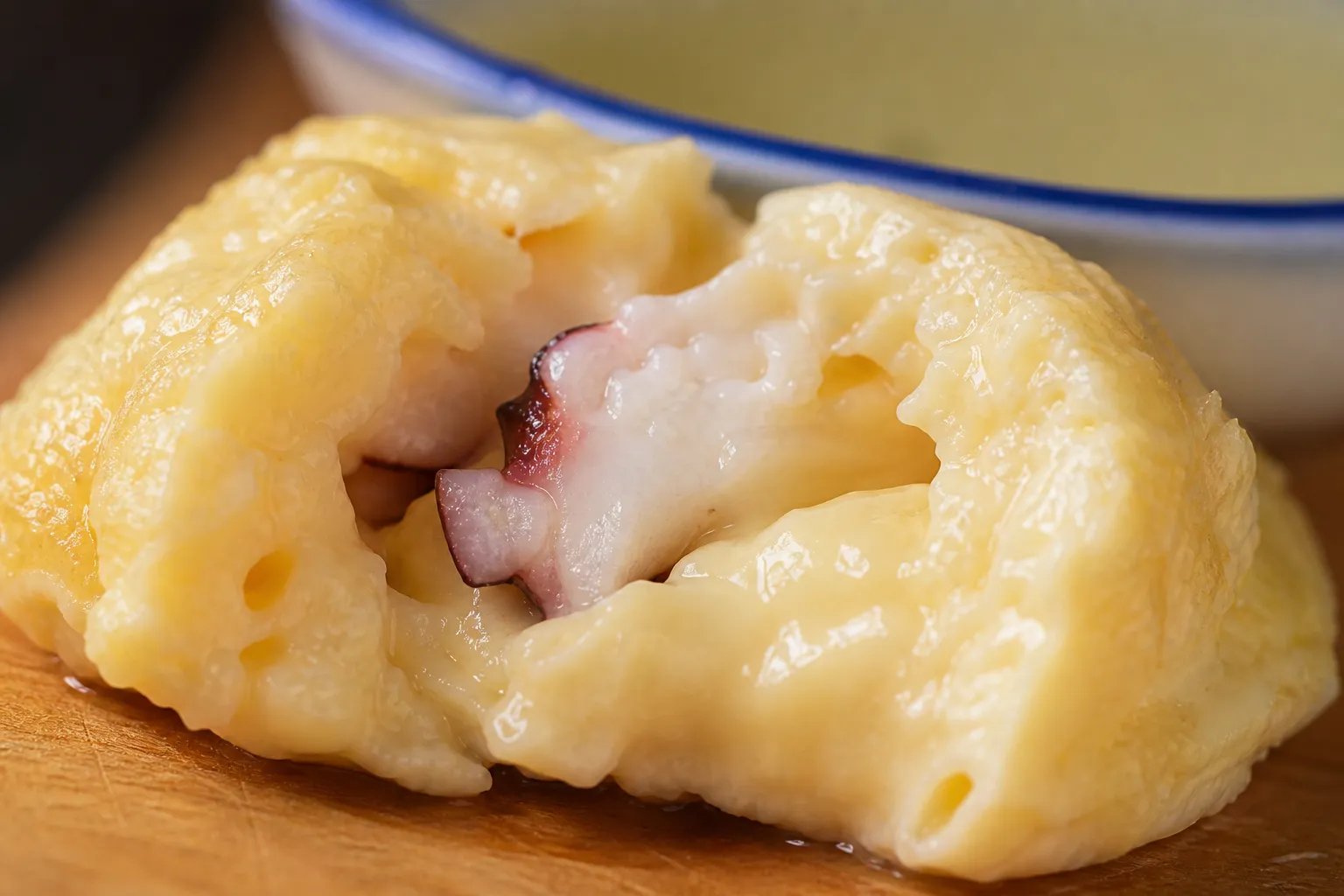 Close-up of a soft akashiyaki dumpling split to show the custardy egg interior and octopus inside