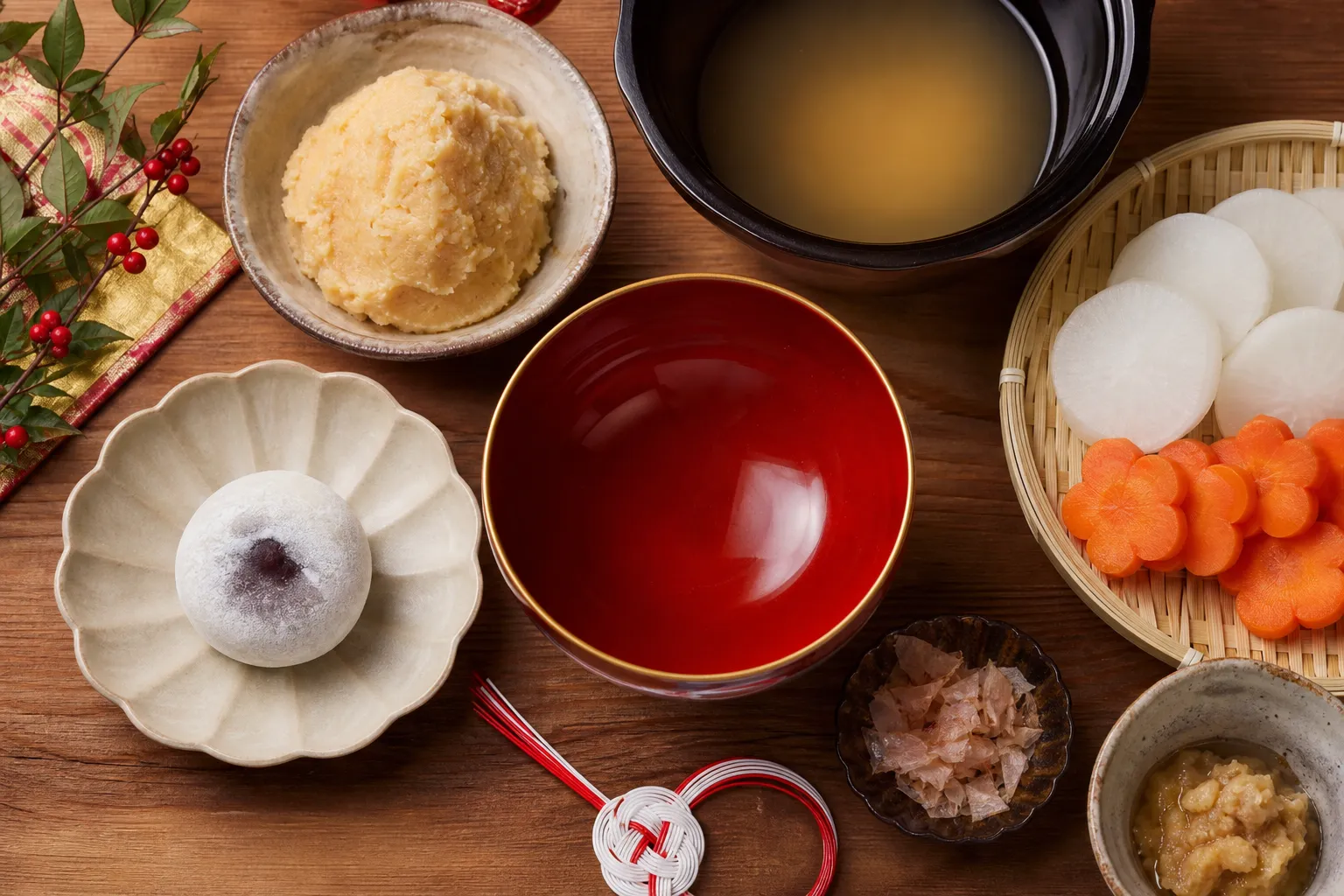 Making anko-filled mochi and the white-miso zoni broth