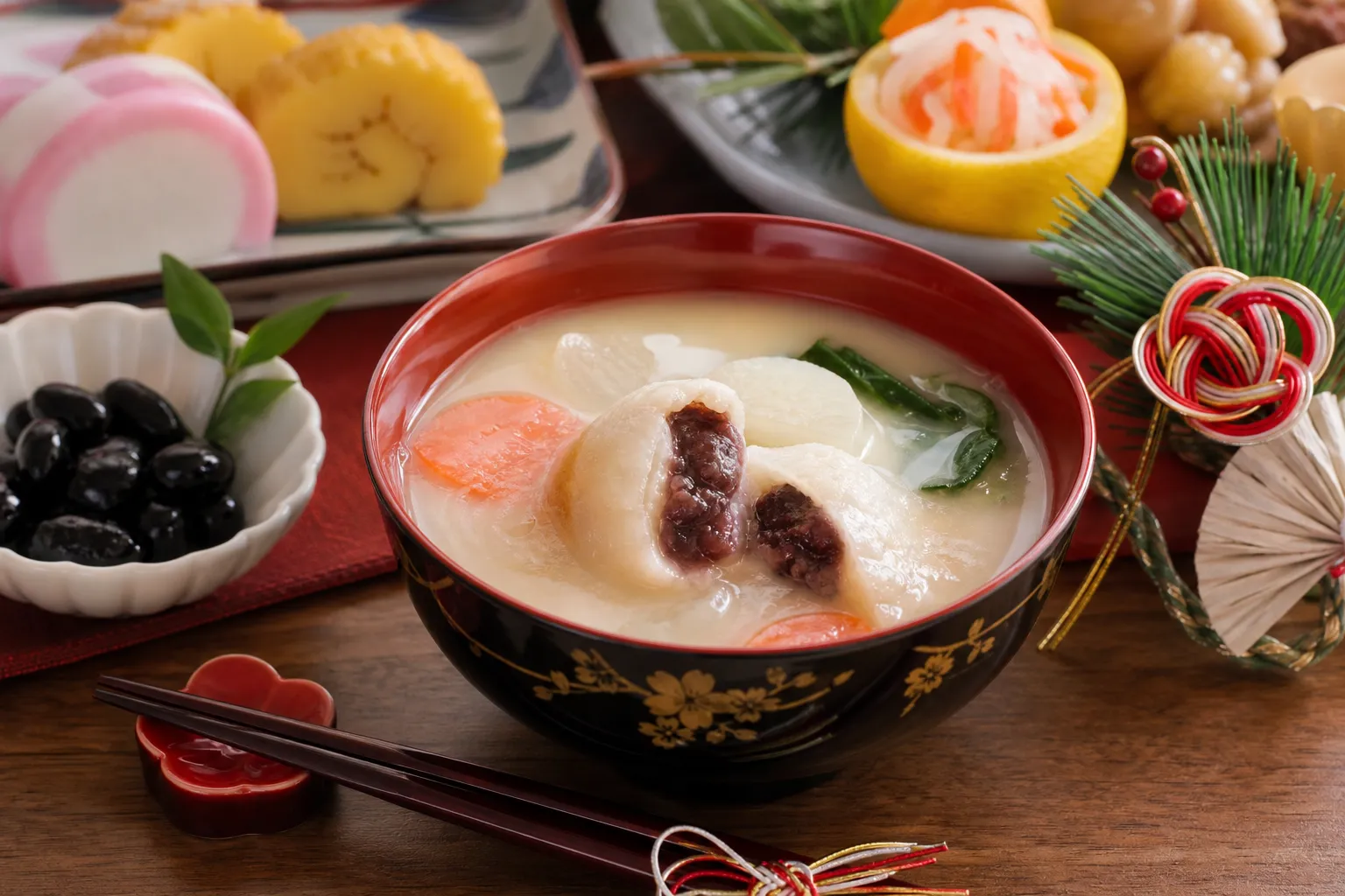 A bowl of an-mochi zoni served for New Year in Kagawa