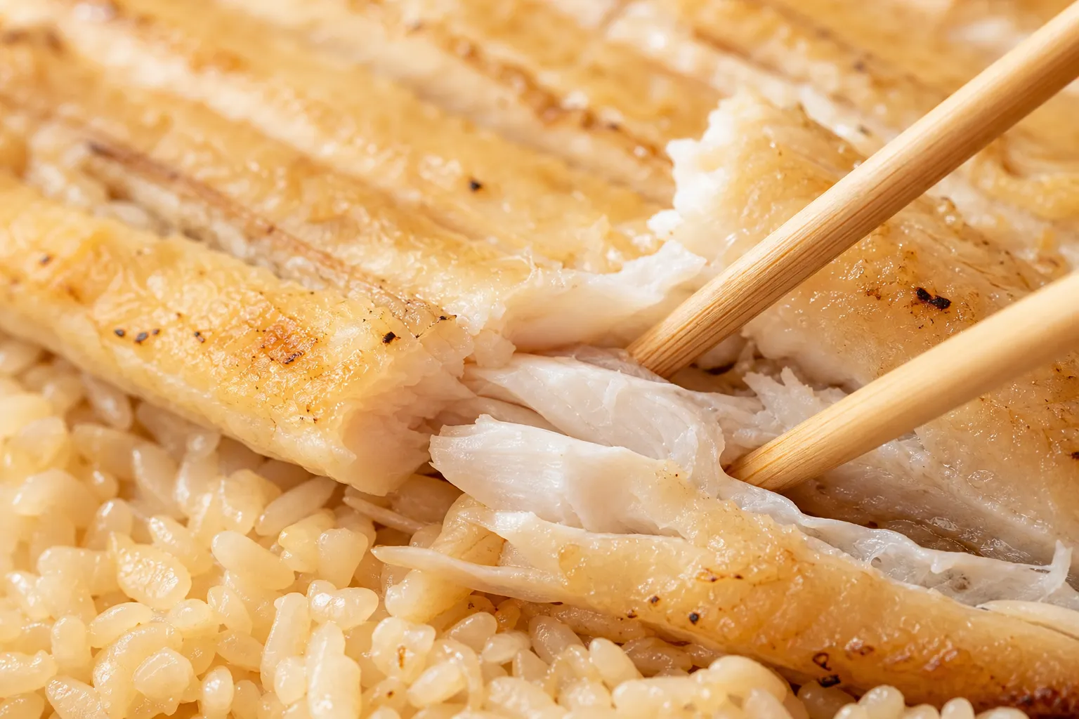Close-up of grilled anago fillets on rice