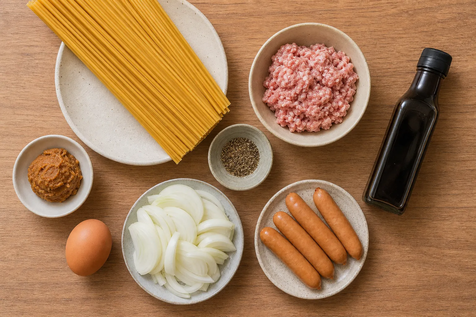 Ankake spaghetti preparation with sauce, toppings, and iron plate