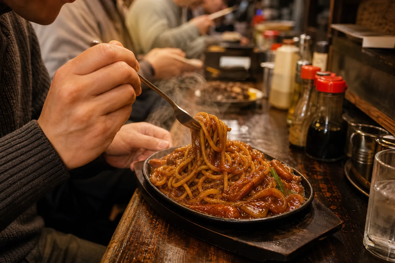 Ankake spaghetti served sizzling on an oval iron plate