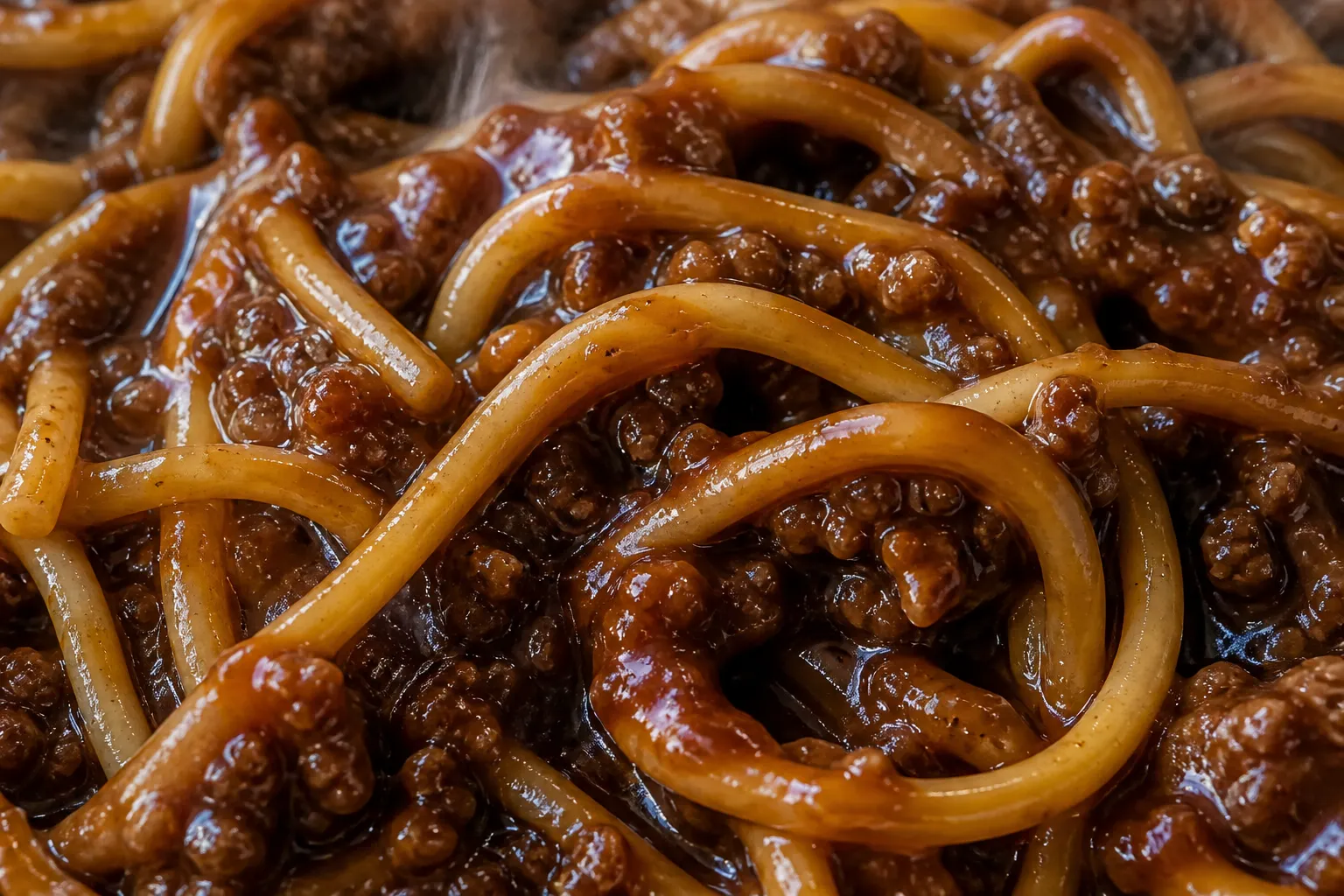 Close-up of the dark glossy ankake sauce coating thick spaghetti