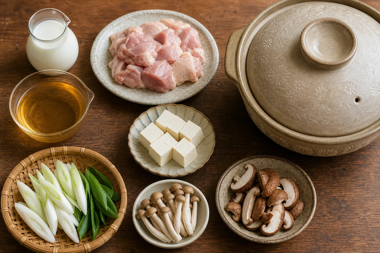 Building the Asuka-nabe pot with chicken, tofu, vegetables and milk-dashi