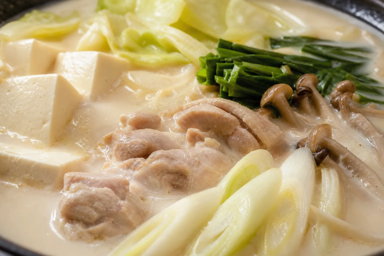Close-up of the creamy white milk-dashi broth with chicken and tofu