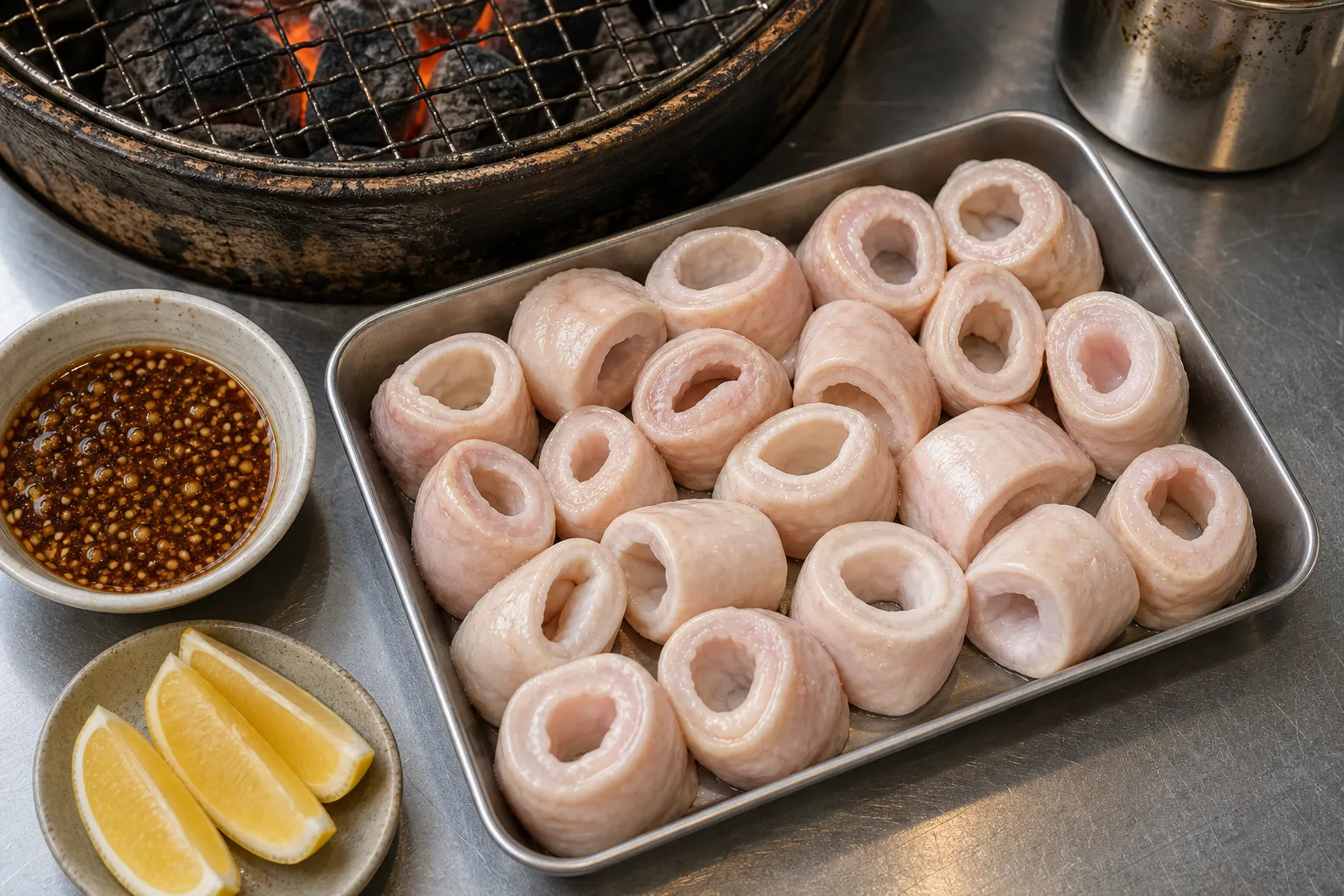 Fresh shirokoro prepared for grilling with dipping sauce