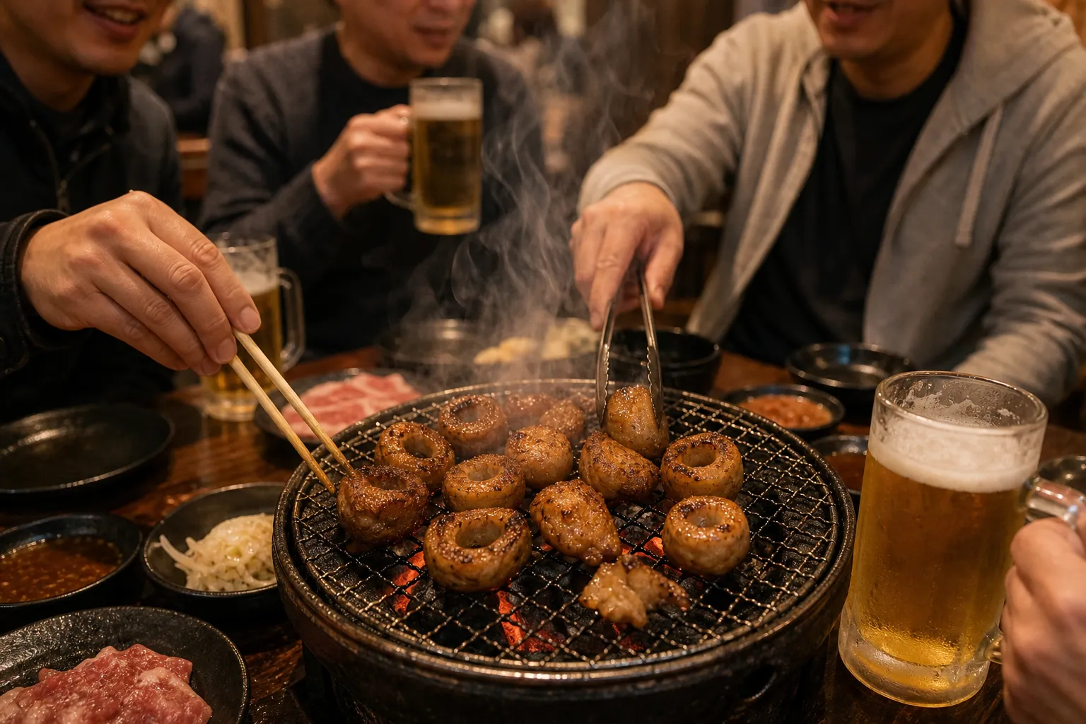 Atsugi shirokoro-horumon grilling over charcoal at a yakiniku restaurant