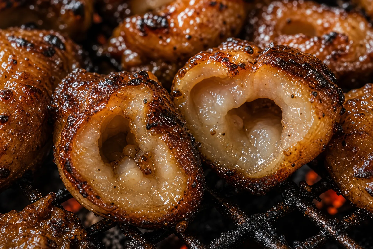 Close-up of shirokoro-horumon after grilling, showing the crisp outside and tender interior