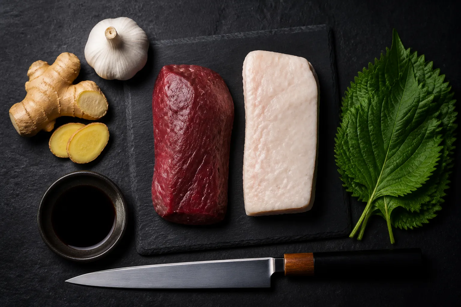 Basashi preparation: fresh cuts with knife, ginger, garlic, and soy