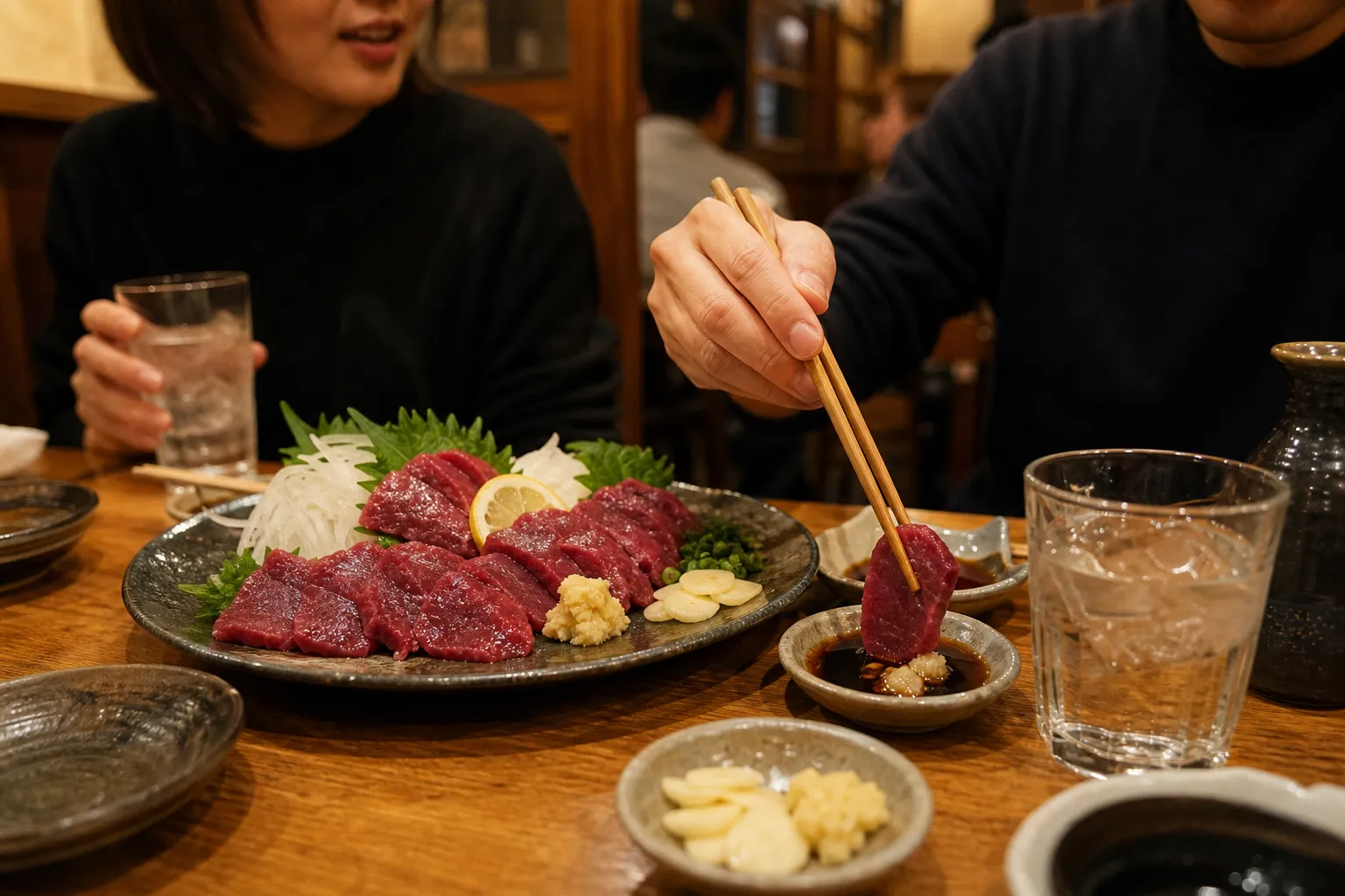 Basashi plated elegantly at a Kumamoto restaurant with soy sauce and garnish