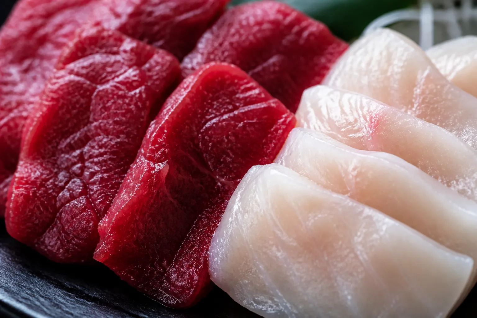 Close-up of basashi: dark red akami beside white translucent tategami