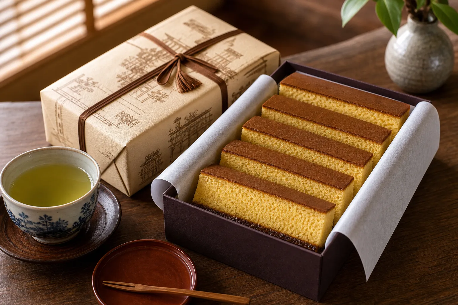 Castella served in a typical setting