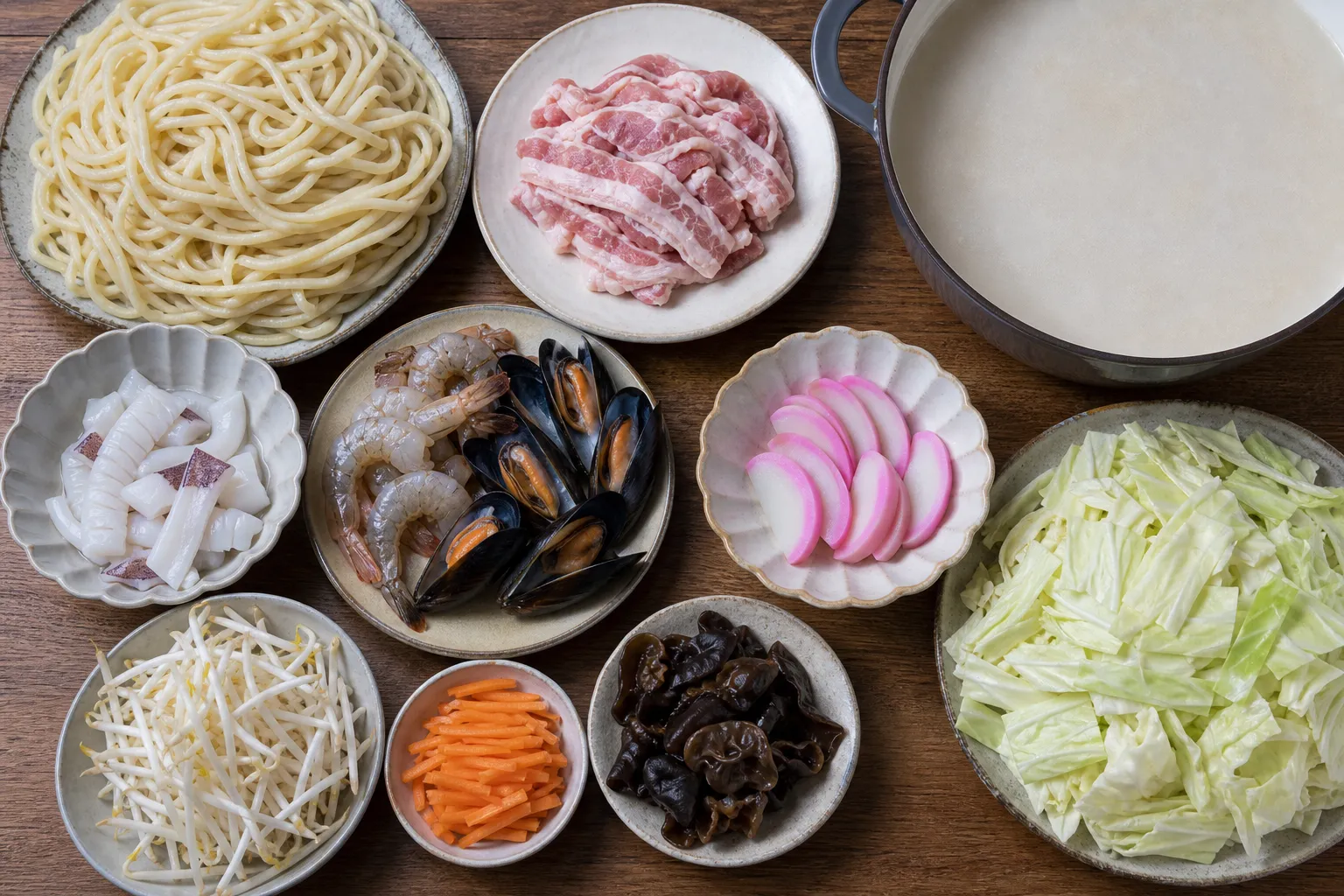 The raw ingredients of champon before stir-frying together