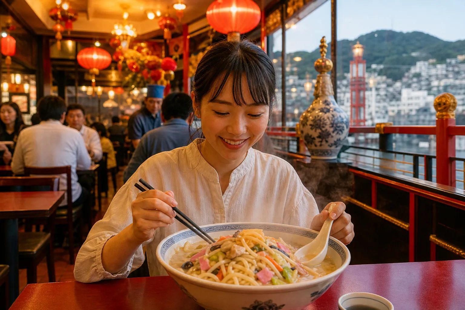A steaming bowl of champon in a Nagasaki Chinatown restaurant