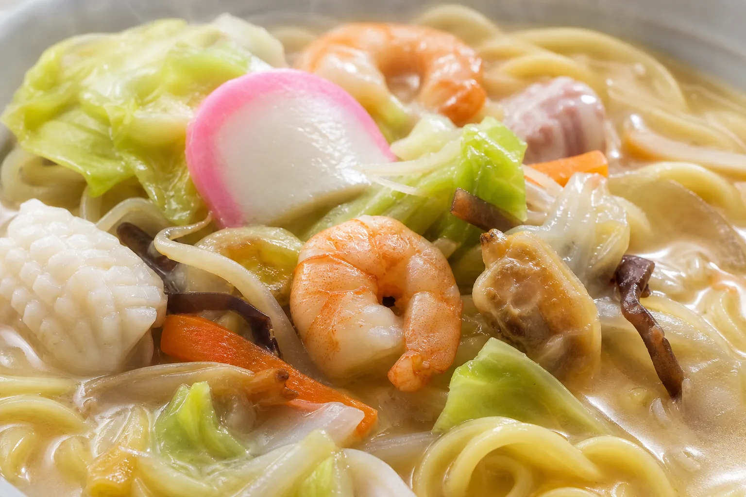 Close-up of champon: milky broth, seafood, vegetables, and thick noodles