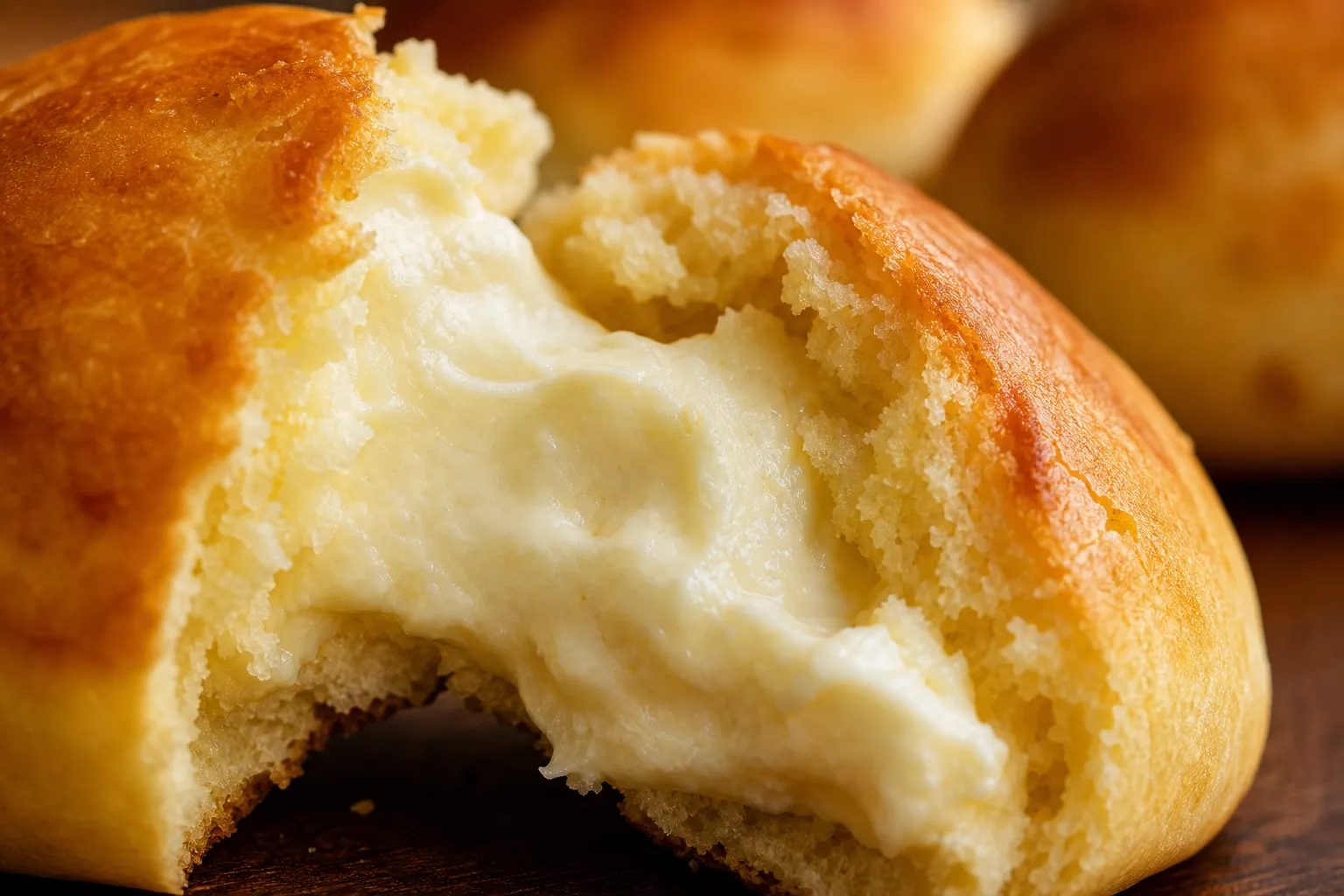 Close-up of cheese manju split to show the cream-cheese center