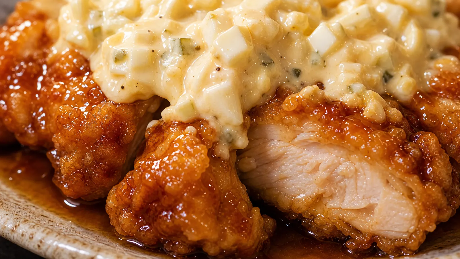 Close-up of chicken nanban with tartar sauce