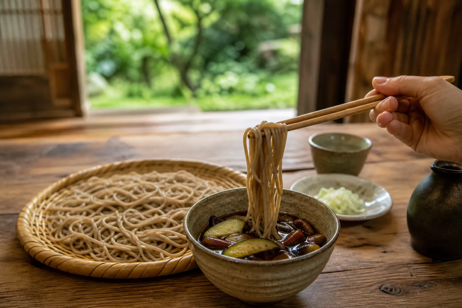 Chilled soba being dipped into hot chitake mushroom and eggplant broth at a rural soba restaurant in Tochigi