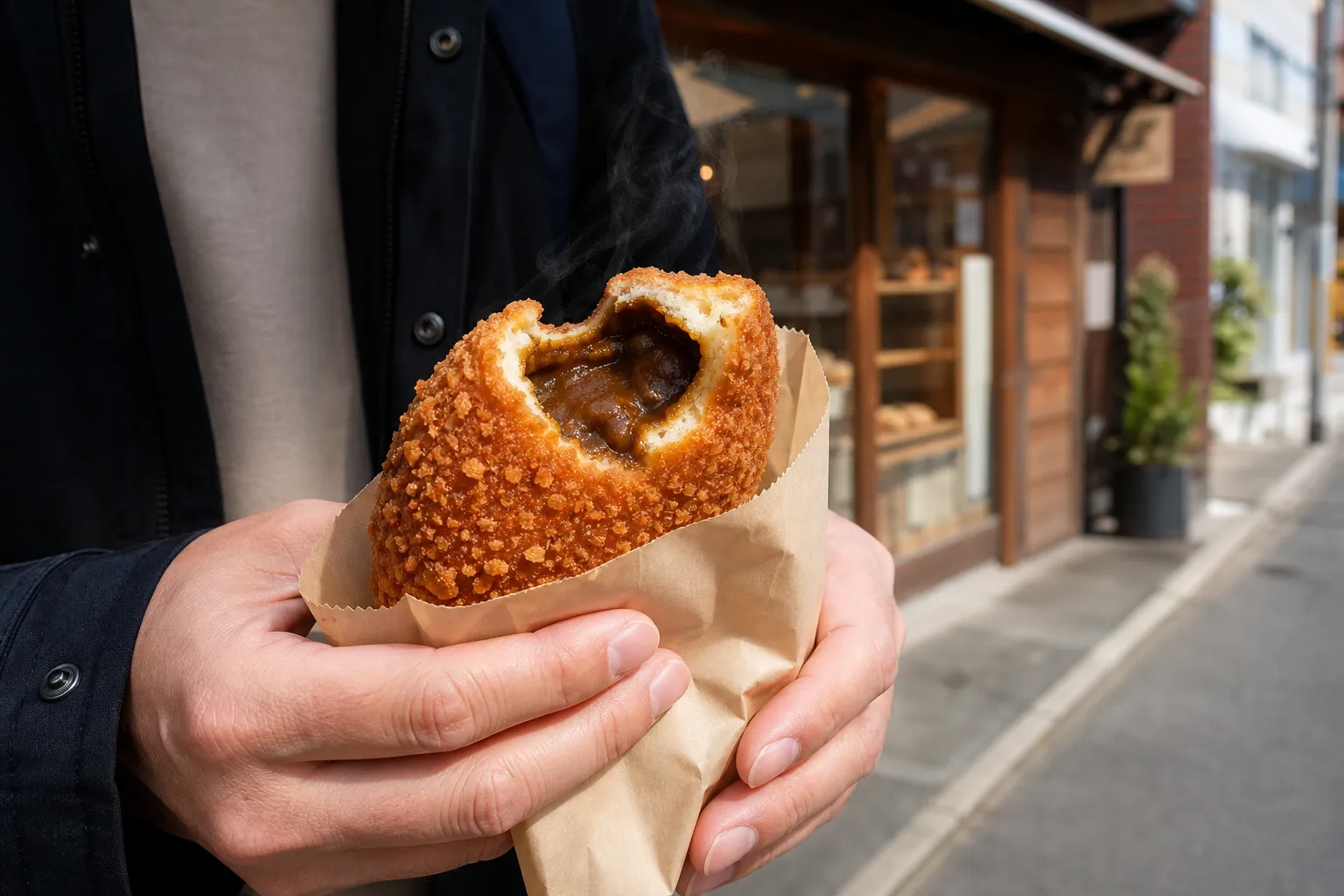 A person holding a half-bitten curry pan outside a Japanese bakery, steam rising from the curry filling