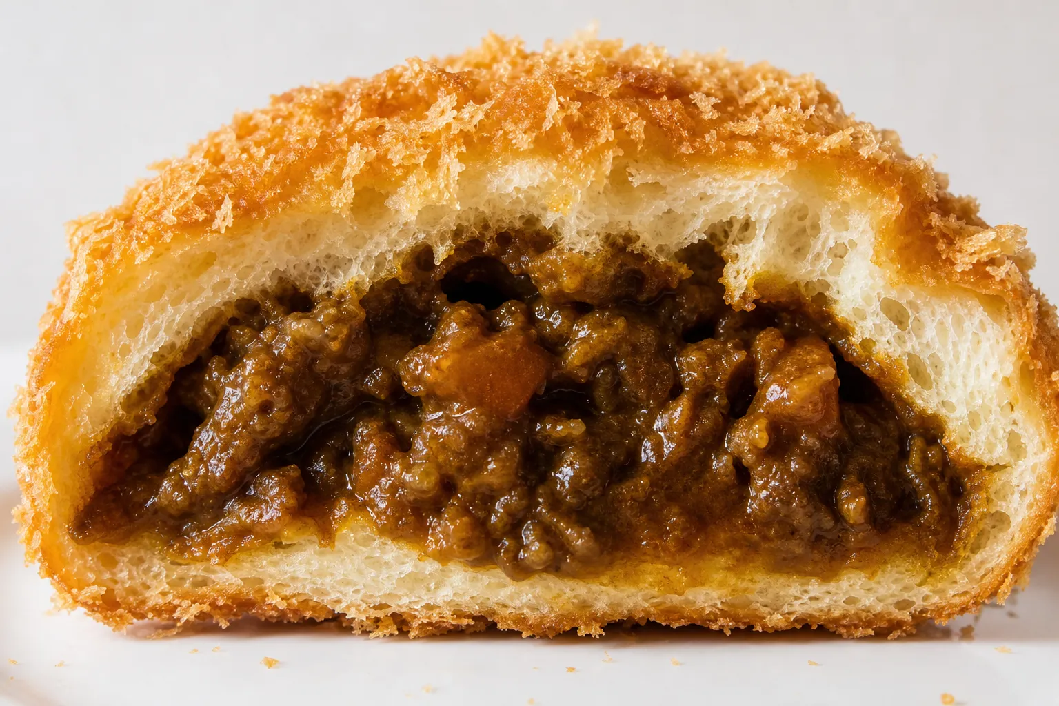 Curry pan sliced open showing the crispy panko crust and dark Japanese curry filling inside