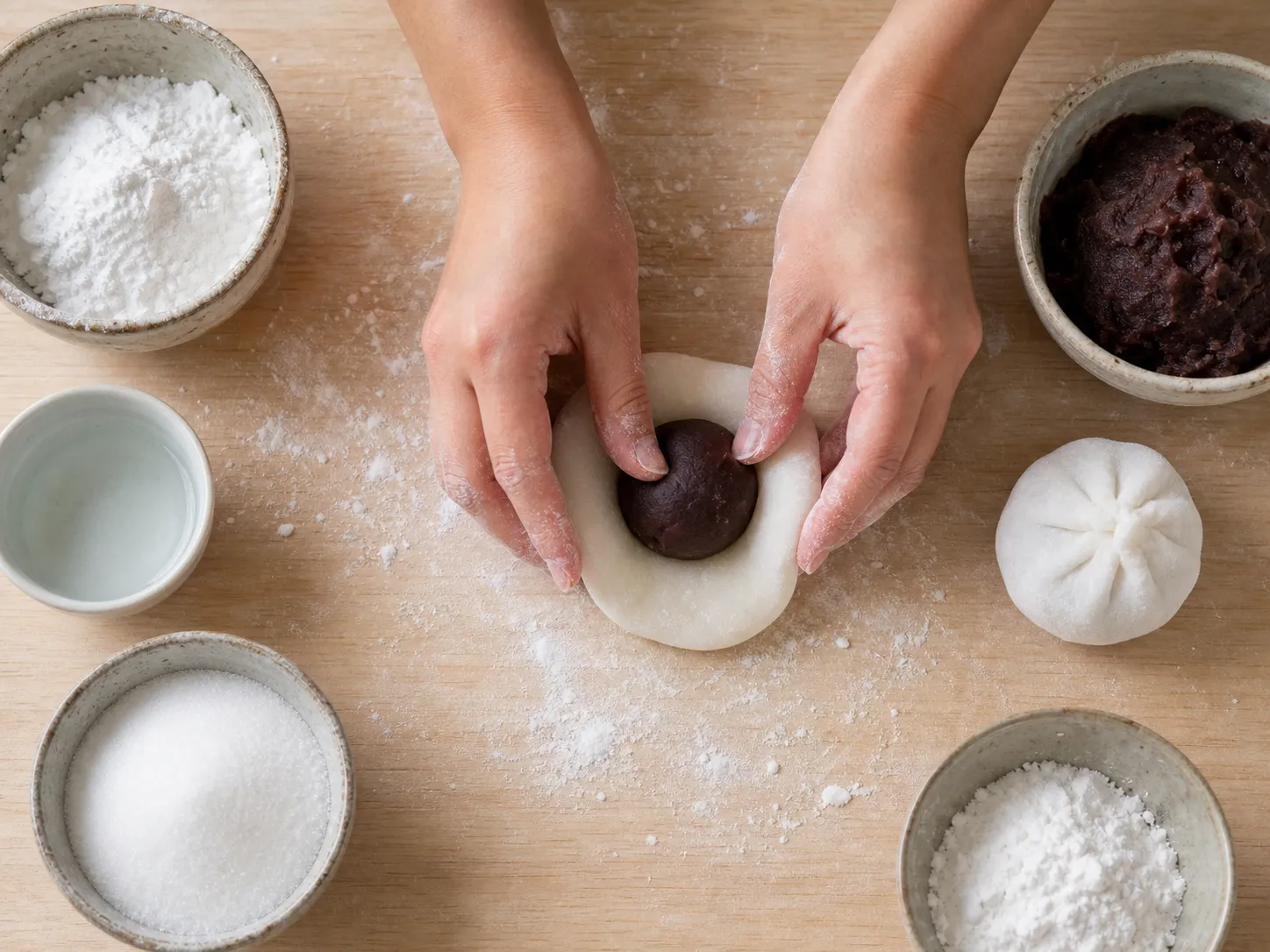 Hands wrapping a ball of red bean paste in soft mochi on a starch-dusted work surface