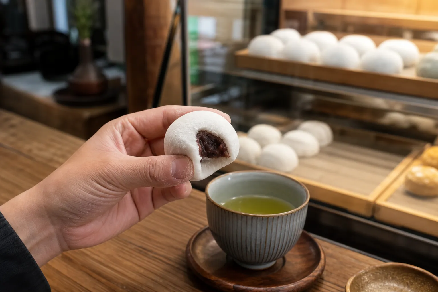 A diner eating fresh red-bean daifuku with green tea at a traditional Japanese confectionery