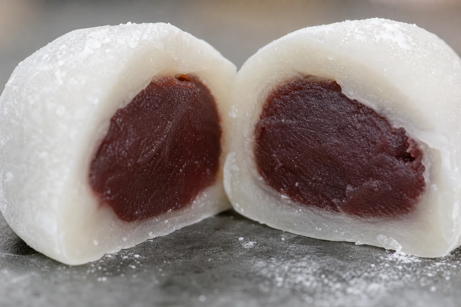 A close-up of daifuku showing soft mochi skin and smooth red bean filling