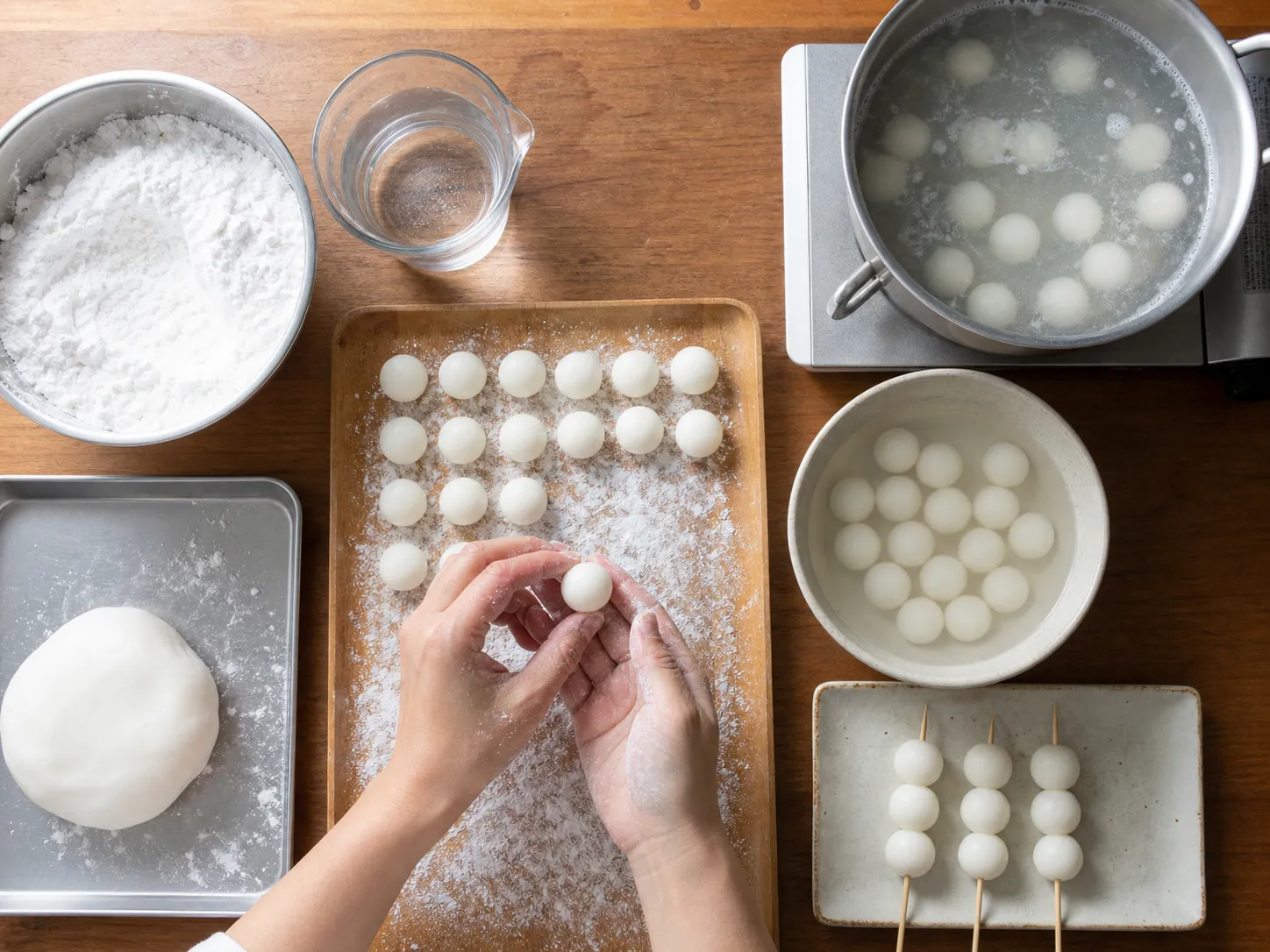 Rice flour, shaped dango balls, boiling dumplings, and finished skewers arranged across a wooden work surface