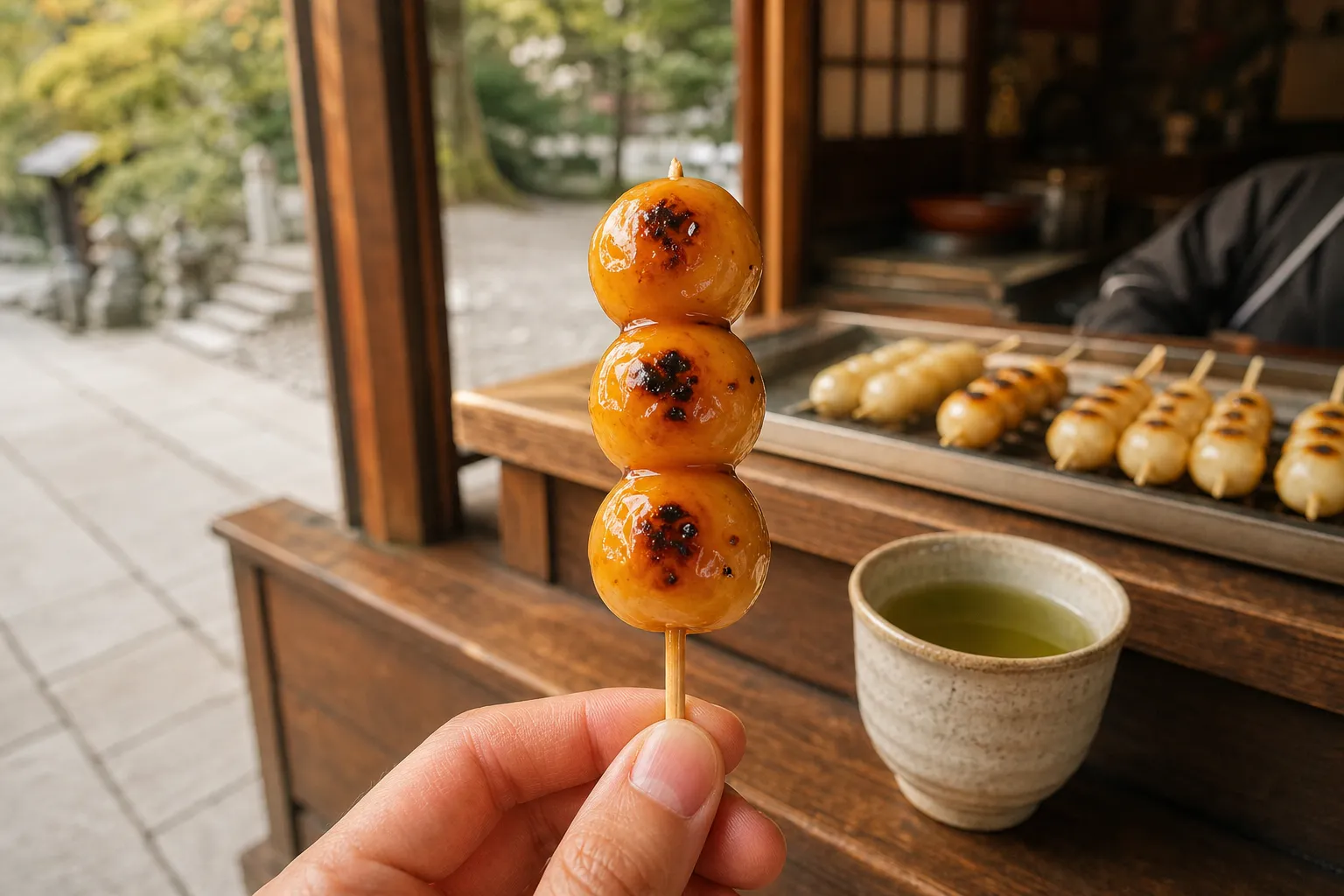 A hand holding freshly glazed mitarashi dango beside green tea at a traditional Japanese tea-house counter