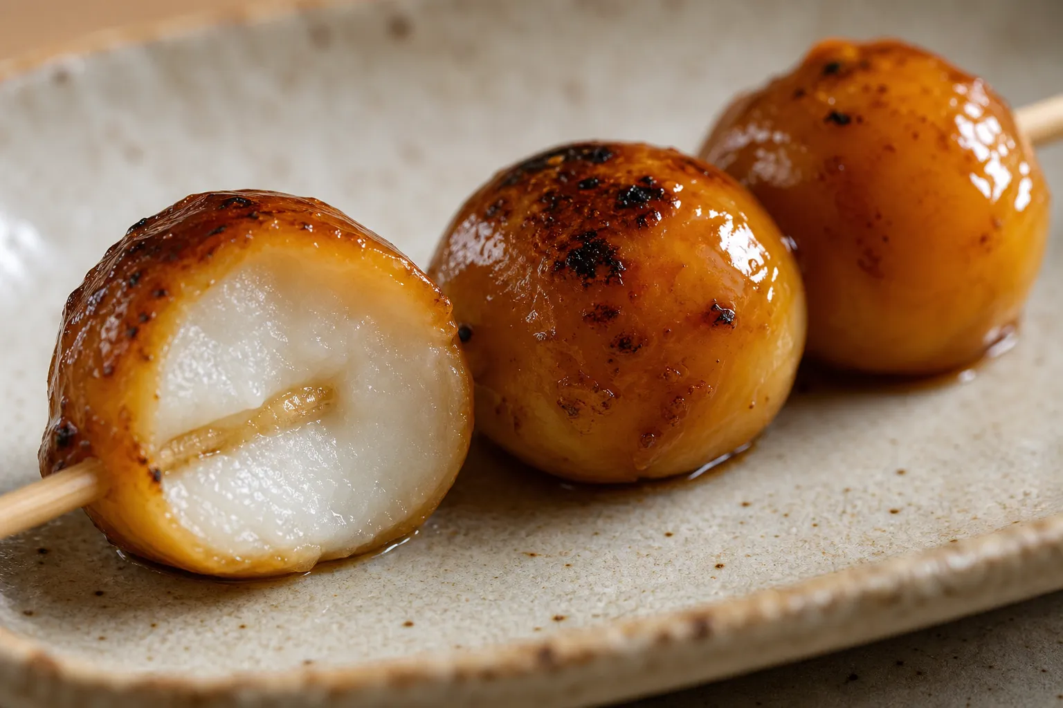 A close-up of glazed mitarashi dango showing a chewy white rice-flour center and lightly charred surface