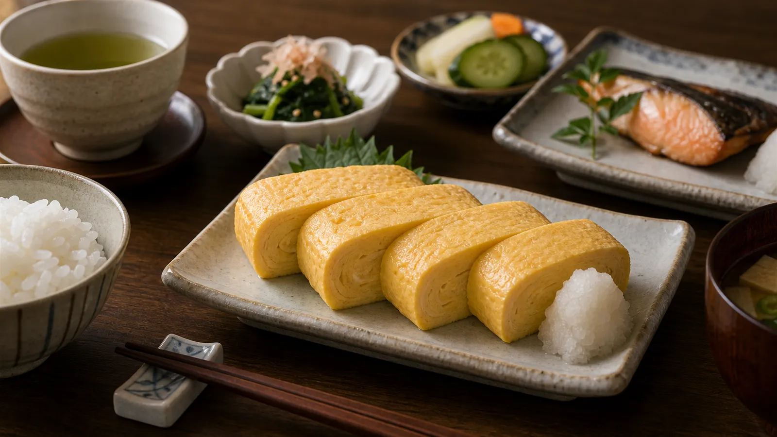 Dashimaki-tamago served in a typical setting