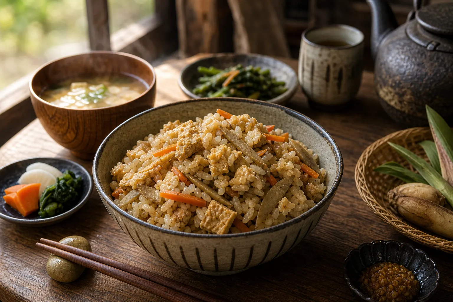 Dondoroke-meshi served in a rustic Tottori farmhouse setting