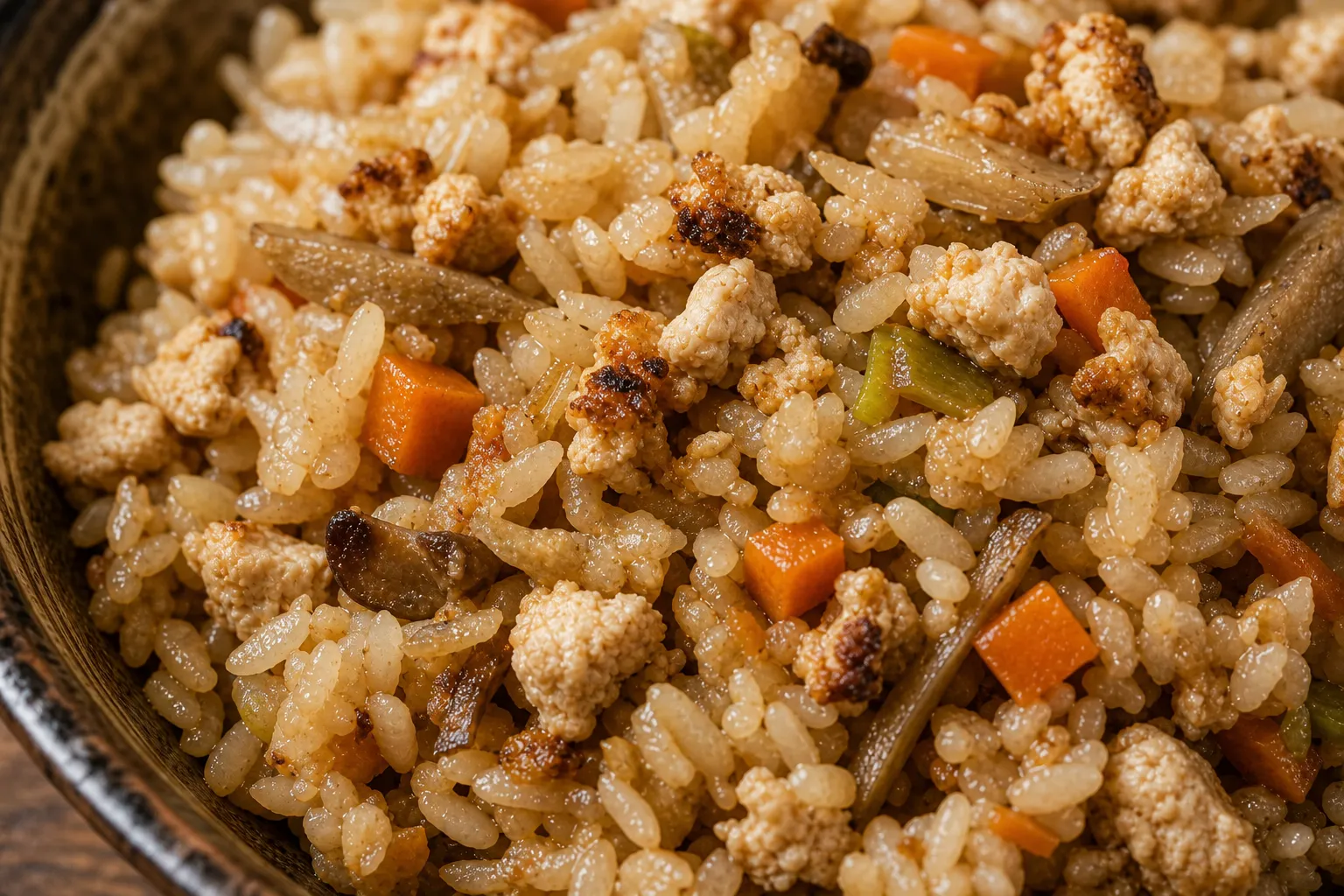 Close-up of dondoroke-meshi with tofu, carrot and burdock in the rice