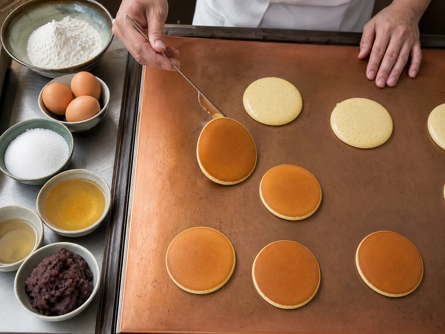 Round dorayaki pancakes cooking on a copper griddle with honey batter and red bean filling nearby