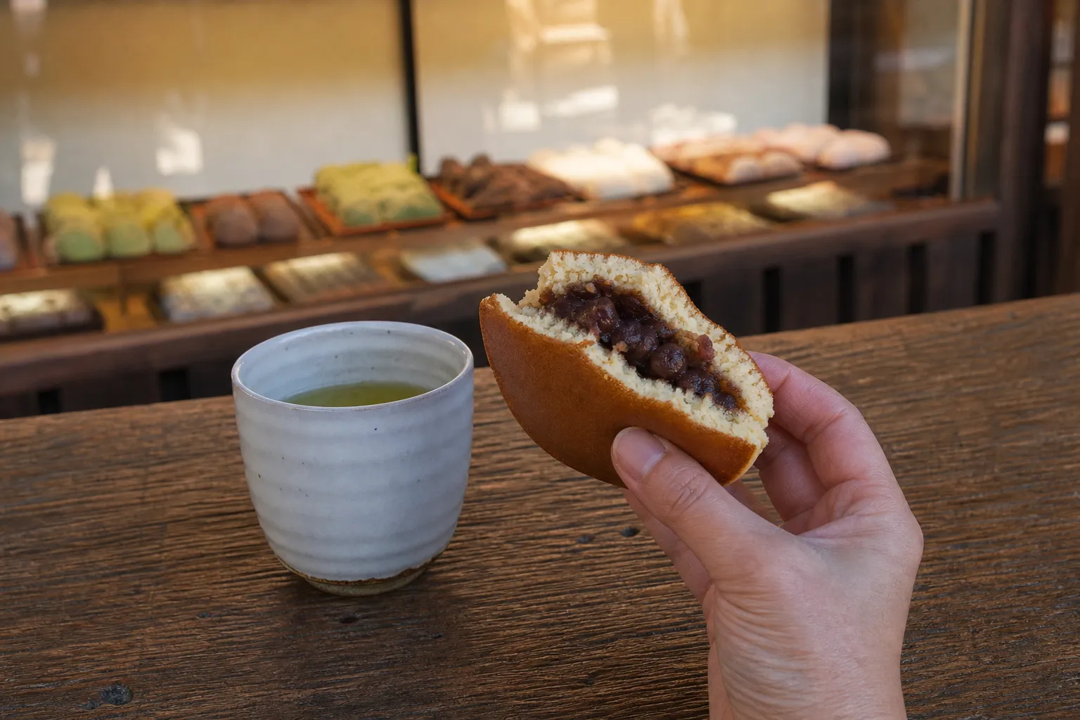 A diner holding red-bean dorayaki beside green tea in a traditional Japanese confectionery
