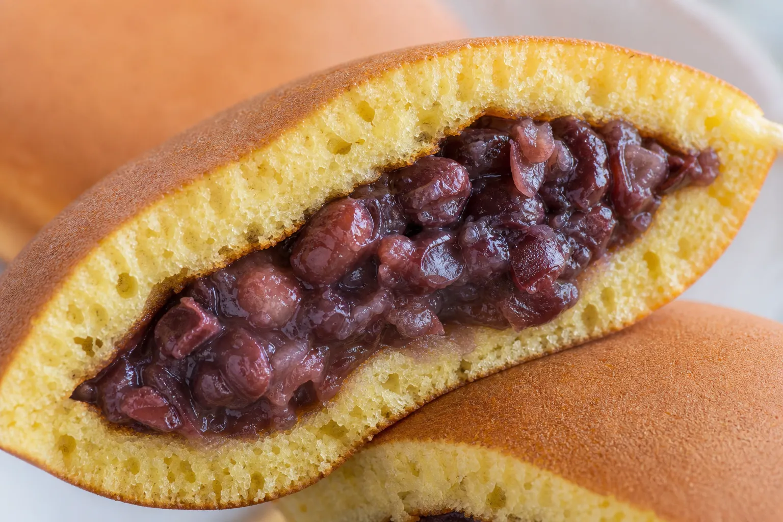 A close-up of dorayaki showing moist honey pancake crumb and chunky red bean filling