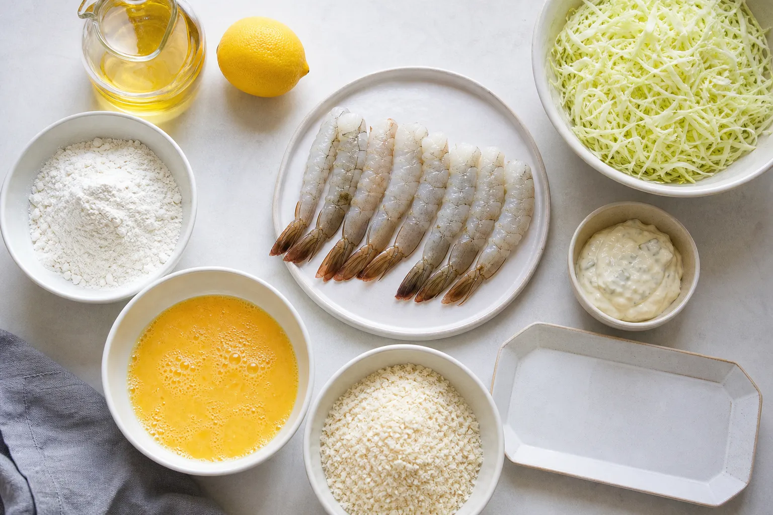 Prawns, flour, beaten egg, coarse panko and tartar sauce laid out to make ebi furai