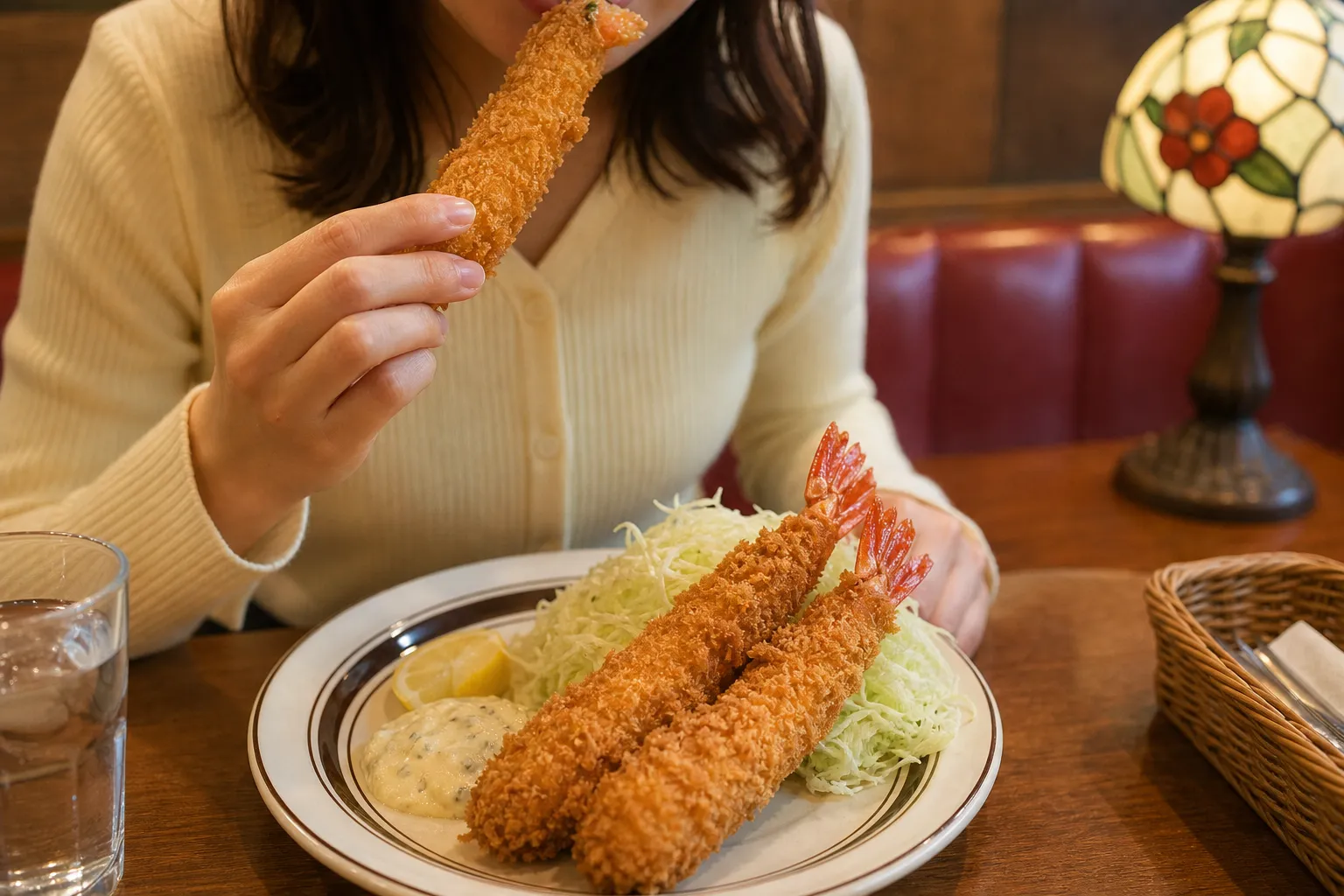 An ebi furai set meal with rice, shredded cabbage and tartar sauce at a yoshoku diner