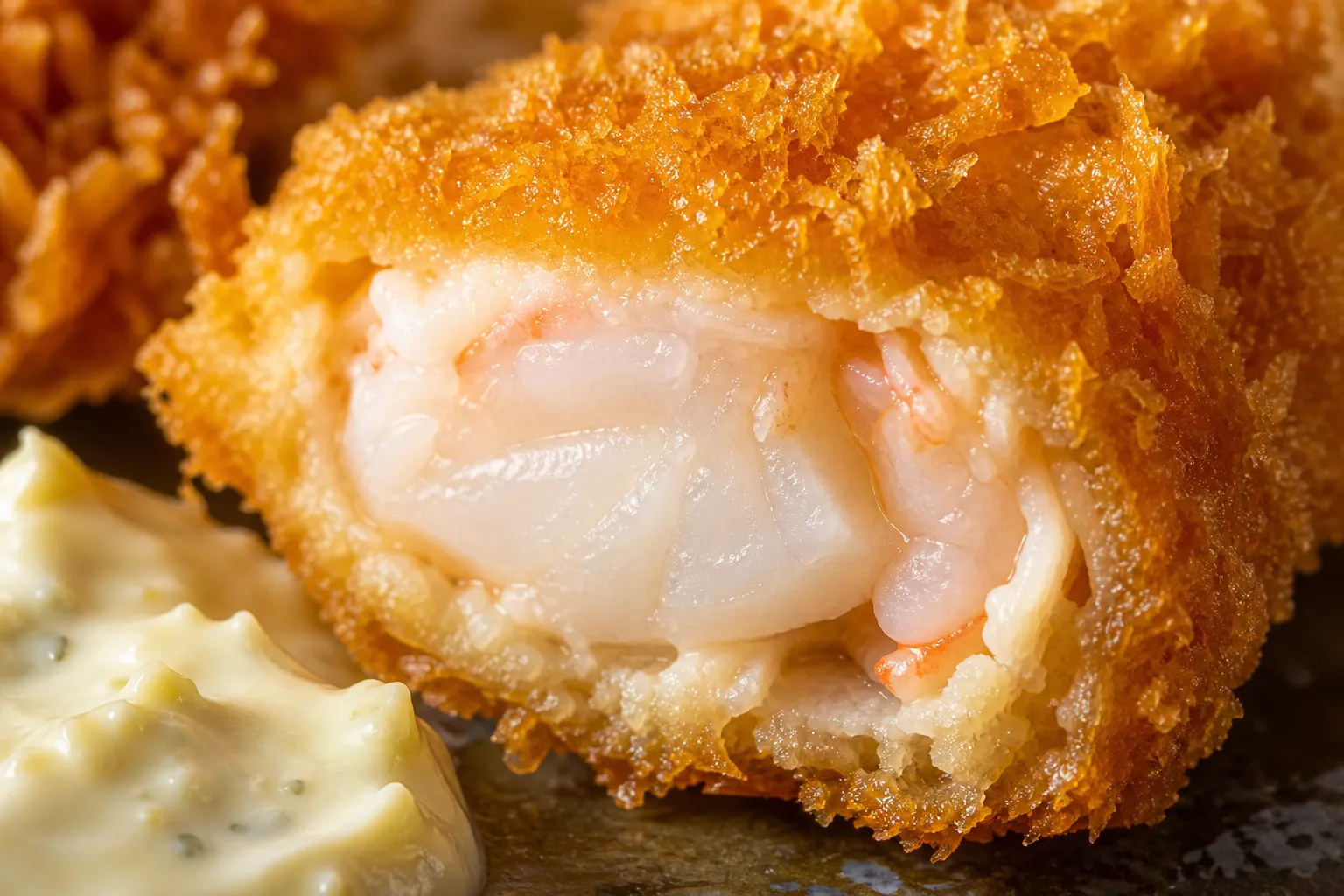 Close-up of a cracked ebi furai showing the coarse panko crust and juicy prawn inside