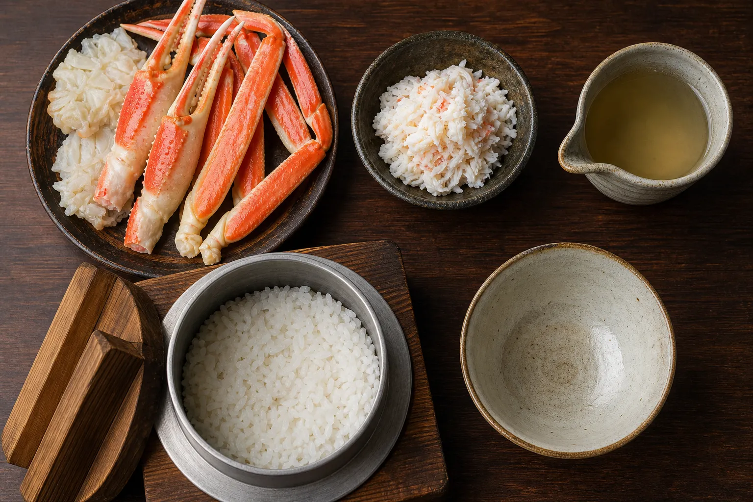 Echizen snow-crab legs, picked meat, and a kamameshi pot