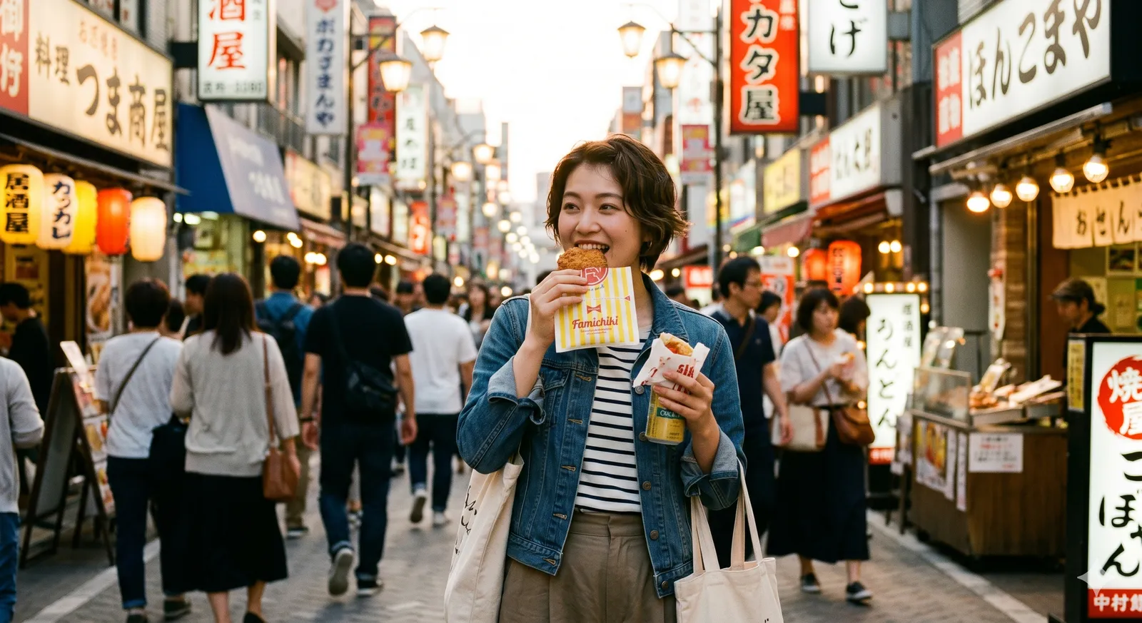 A hand holding a hot Famichiki fried chicken patty outside a FamilyMart at night