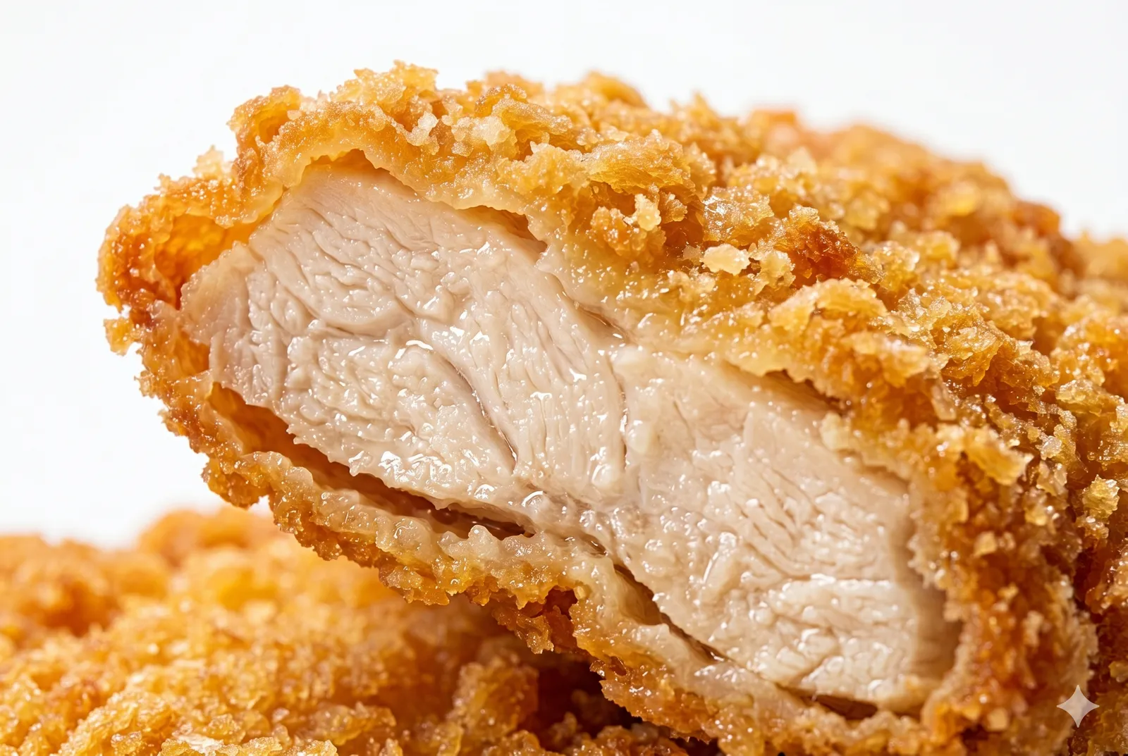 Close-up of a Famichiki patty torn open to show the crispy craggy crust and juicy chicken inside