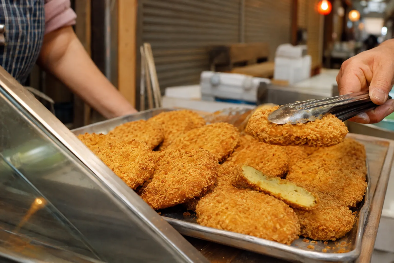 Fish katsu sold from a tray at a small fishmonger's counter in a Tokushima shopping arcade