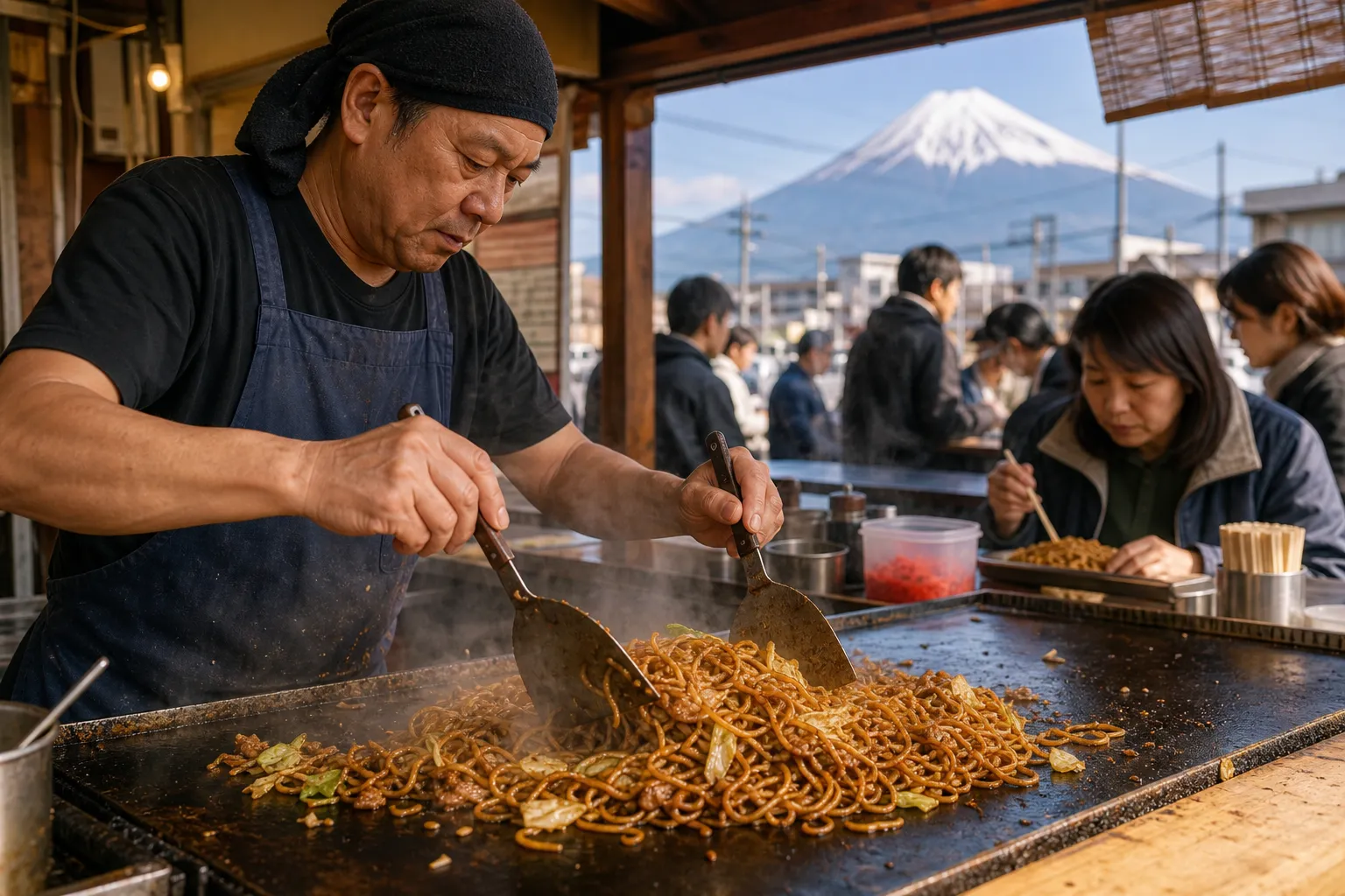 Fujinomiya yakisoba served at a street stall with Mount Fuji in the background
